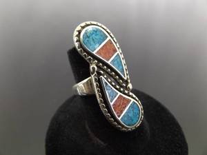 .925 Sterling Silver Inlayed turquoise and Coral Yin Yang Ring Size 6.25