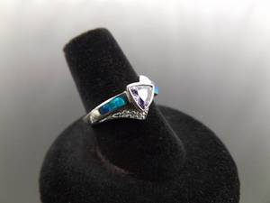.925 Sterling Silver Amethyst and Inlayed Opal Crystal Ring Size 7