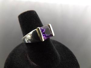 .925 Sterling Silver 14k Yellow Gold Collar Amethyst Ring Size 6