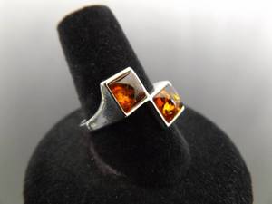 .925 Sterling Silver Baltic Amber Cabochons Ring Size 8