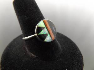 .925 Sterling Silver Inlayed Opal, Coral, and Onyx Hopi Ring Size 8.75