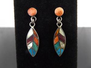 .925 Sterling Silver Multi Colored Inlayed Stone Hopi Dangle Hook Earrings