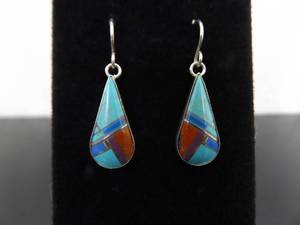 .925 Sterling Silver Multi Colored Inlayed Stone Hopi Dangle Hook Earrings