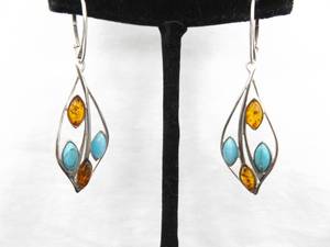 .925 Sterling Silver Amber, Howlite and Cats Eye Hinged Latch Dangle Earrings