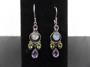 .925 Sterling Silver Peridot, Moonstone, and Amethyst Dangle Hook Earrings