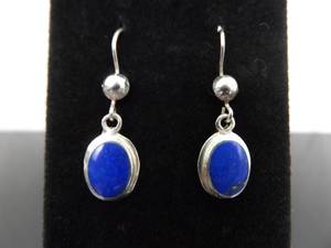 .925 Sterling Silver Lapis Lazuli Cabochon Dangle Hook Earrings