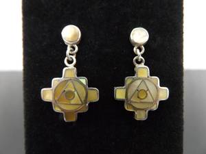 .925 Sterling Silver Inlayed Mother of Pearl Peruvian Chakana Dangle Post Earrings