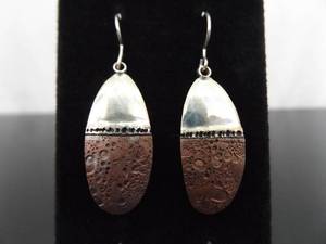 .925 Sterling Silver Artist Signed Copper Shield Dangle Hook Earrings