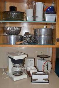Lot of Kitchen items, contents of cupboard and counter