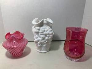 Cranberry glass vase and stripped v...