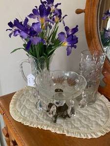 Cut glass pitcher, vase and bowl f...