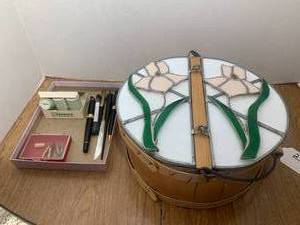 Stained glass basket top, keys, fou...