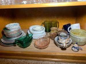 Pottery pieces, pink green and whit...