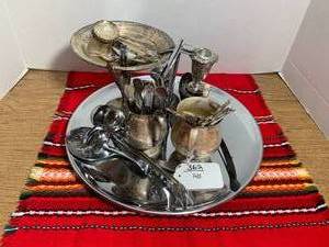 Metal trays, spoons, candle holder...