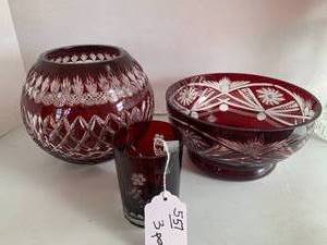 3 pcs - Ruby red glass bowls and gl...
