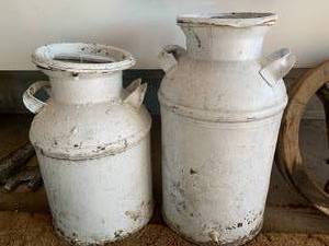 (2) Painted milk cans...