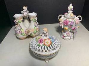 (3) German porcelain cherubs and fl...