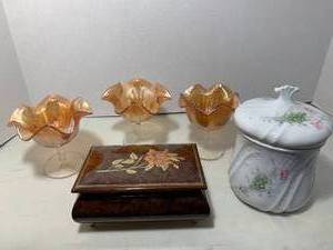 Carnival glass, lidded tea jar and ...