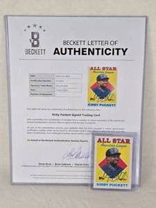 Kirby Puckett Auto on 1988 Topps All-Star Signed Trading Card #391 With Beckett Letter of Authenticity - Minnesota Twins Baseball Card
