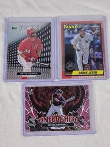 Lot of 3 Refractors Featuring Derek Jeter, Bryce Harper, and Jasson Dominguez Including Topps Finest and Donruss Unleashed