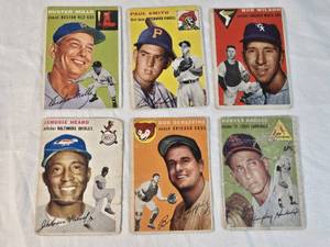 Lot of 6 Vintage 1954 Topps Baseball Cards Featuring Buster Mills, Paul Smith, Bob Wilson, Jehosie Heard, Bob Scheffing, and Harvey Haddix.