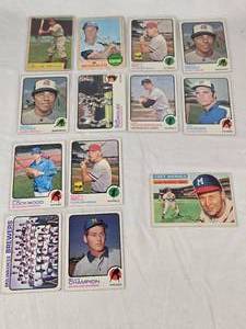 Lot of 13 Vintage Baseball Cards Featuring Chet Nichols, Marty Perez, Jim Hardin, and Milwaukee Brewers Team Card.