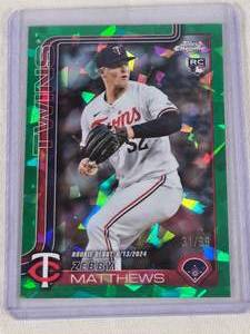 Zebby Matthews Rookie 2025 Topps Chrome Green Cracked Ice #USC171 and Numbered 3199 - Minnesota Twins Baseball Card