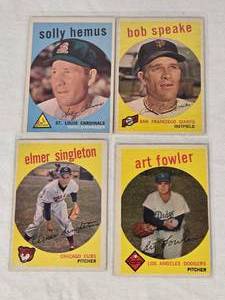 Lot of 4 Vintage High Number 1959 Baseball Cards Featuring Bob Speake, Art Fowler, Solly Hemus, and Elmer Singleton.