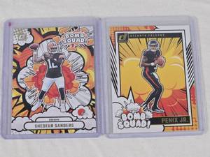 Lot of 2 Rookie Inserts Featuring Shedeur Sanders and Michael Penix Jr. Rookie Cards from 20242025 Donruss Bomb Squad Series - NFL Football Cards
