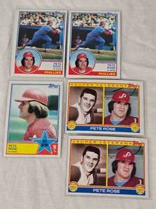 Lot of 5 Pete Rose Baseball Cards including 1983 Topps Super Veteran and All Star cards.