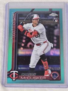 Carson McCusker Rookie 2025 Topps Chrome Blue Refractor #USC155 and Numbered 174199 - Minnesota Twins Baseball Card