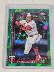 Carson McCusker Rookie 2025 Topps Chrome Green Cracked Ice #155 and Numbered 9799 - Minnesota Twins Baseball Card