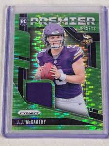 J.J. McCarthy Rookie 2024 Panini Prizm Premier Jerseys Green Prizm Relic #PJ-JJM - Minnesota Vikings Football Card