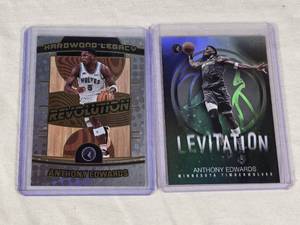 Lot of 2 Anthony Edwards Basketball Cards Panini Revolution Hardwood Legacy and Topps Levitation.