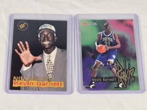Lot of 2 Kevin Garnett Rookie Cards Including Topps Stadium Club and NBA Hoops.