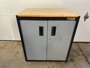 New Gladiator Freestanding 2 Door Garage Cabinet in Silver Tread with Wood Top