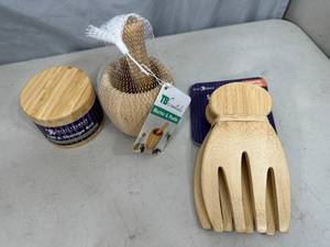 New Bamboo Mortar & Pestle, Salad Hands, Salt Storage Box