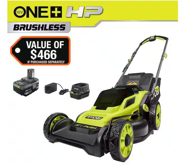 RYOBI ONE HP 18V Brushless 16 in. Cordless Battery Walk Behind Push Lawn Mower with (2) 4.0 Ah Batteries and (1) Charger