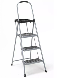 Cosco 3 Step All Steel Step Stool with Tray Folding Ladder, 225 lb Capacity, Silver, 3 Rungs, 28.74 Max Height