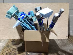 BOX OF Brooms, Mops, & Dustpans