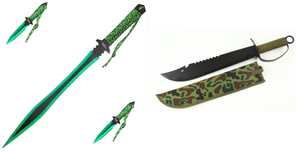 LOT OF 2 Heros Edge 25 Green Machete Sword & 19.5 Full Tang Machete Sawtooth Blade with Sheath