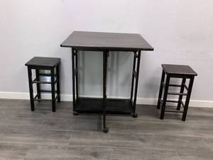 Winsome Suzanne 3-PC Space Saver Set, 2 Tuck-away Stools, Smoke Finish Table Dimensions 29.61W x 29.13D x 32.76H Stool Dimensions 11.5 W x 11.5D x 20.87H (Used)