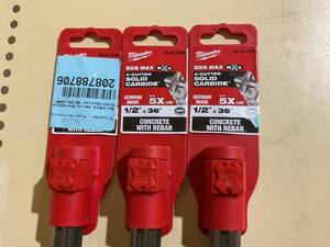 LOT OF 3 Milwaukee SDS MAX M4 4-Cutter Solid Carbide Drill Bit (Model 48-20-3906) 12 x 36