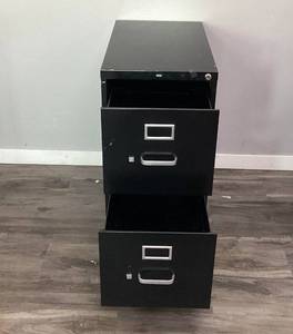 HON Two-Drawer Filing Cabinet, Letter File Cabinet, 73x68x38, Black (Used, No Keys)