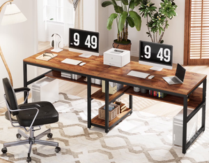 Tribesigns Two Person Desk with Bookshelf, 78.7 Computer Office Double Desk for Two Person, Rustic Writing Desk Workstation with Shelf for Home Office, Rustic 78.7 x 23.62 x 30.20 (Slightly Used)