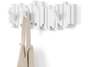 Umbra Sticks Wall-Mounted Coat Rack Rail Hook with 5 Retractable Pegs � Modern, Space-Saving Storage Organizer, White