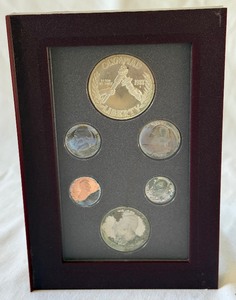 1988 Prestige Olympic Torch Silver Proof Set 6 Coins - plastic case only, no COA, smoke damage on nearly all coins except silver dollar