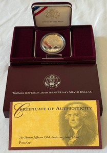 1993 S-Thomas Jefferson 250th Anniversary Proof Set Solver Dollar - Original Package w COA