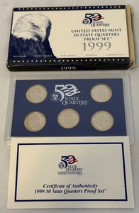 1999 State Quarters Proof Set (DE, PA, NJ, GA, CT) - original package with COA