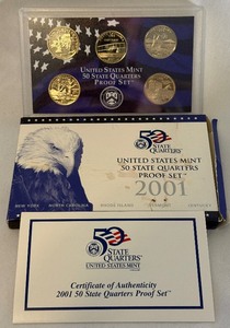 2001 State Quarters Proof Set (NY, NC, RI, VT, KY) - original package with COA, box is dirty